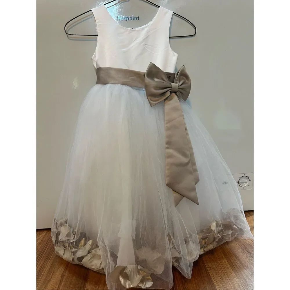 Flower Girl Dress White & Biscotti with flower pedals and Bow | Little Girls siz